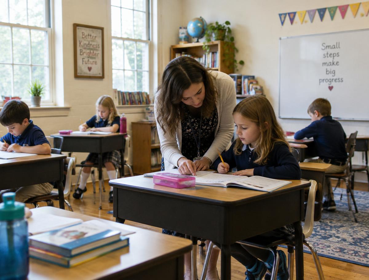 A teacher helping a student in a small private school classroom