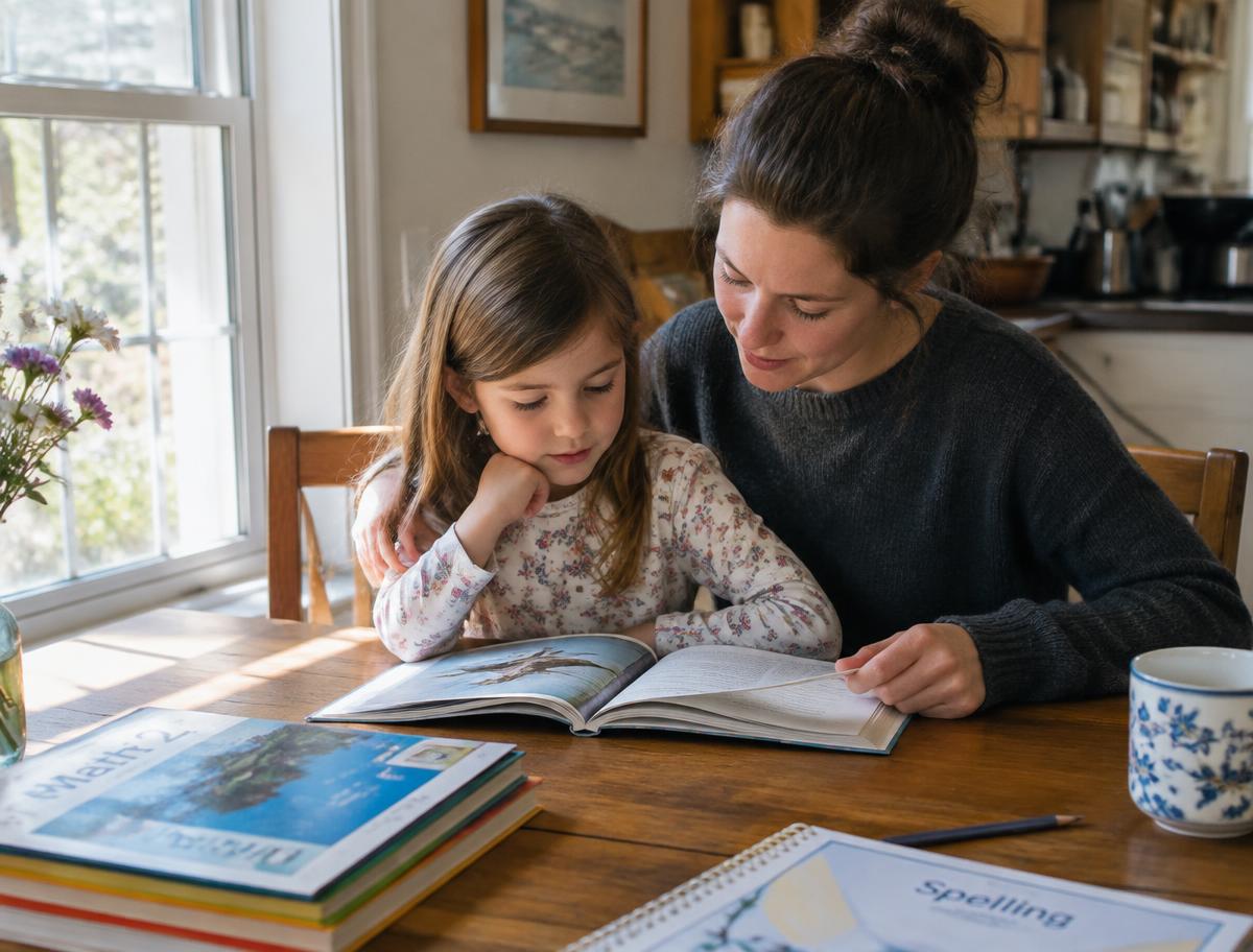 A mother and daughter reading together at a kitchen table with homeschool workbooks